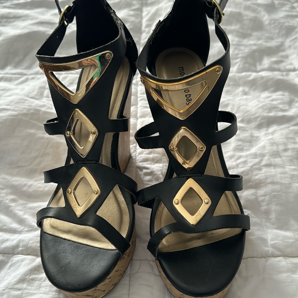 Black with gold design wedged Montego Bay sandals